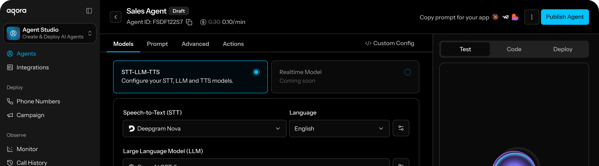 Agent builder showing STT, LLM and TTS configuration