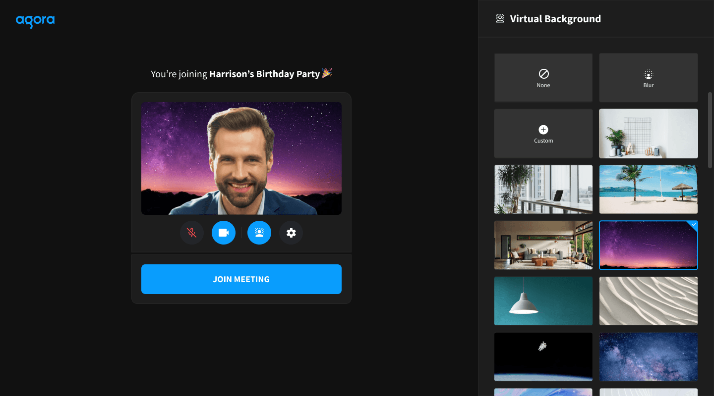 Virtual background picker showing blur and image options